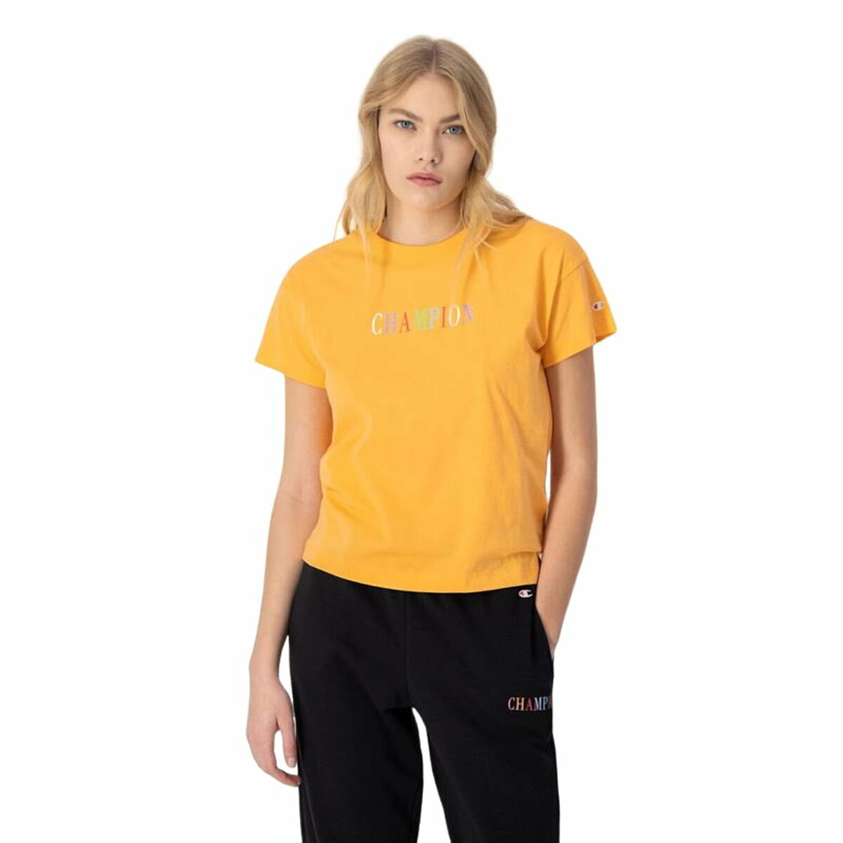 Women’s Short Sleeve T-Shirt Champion Crewneck Croptop Yellow S