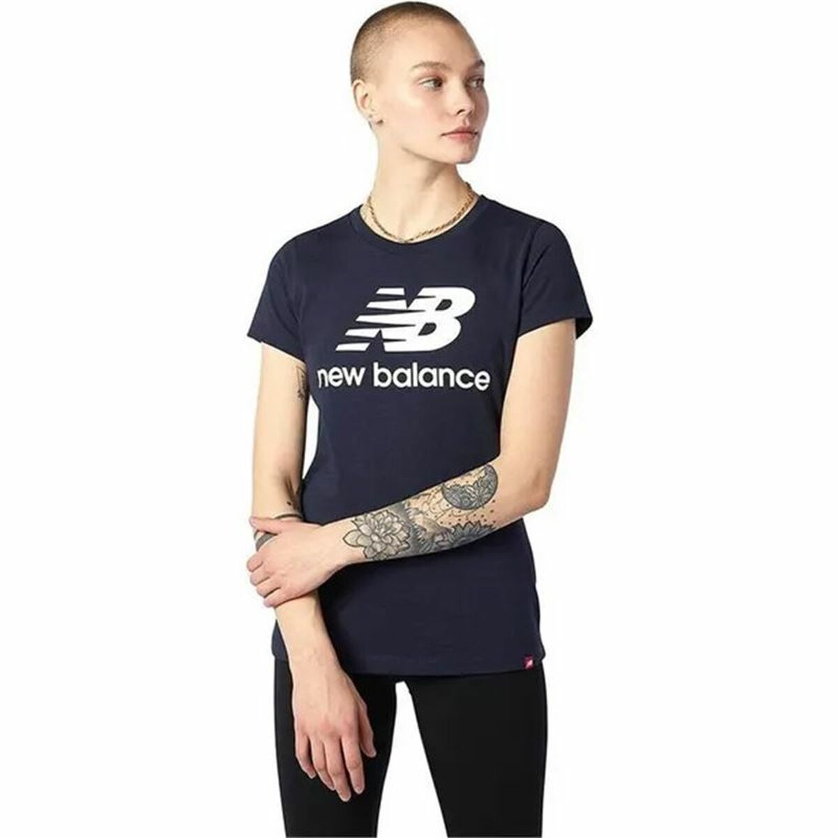 Women’s Short Sleeve T-Shirt New Balance Essentials Stacked Logo Blue (L) L